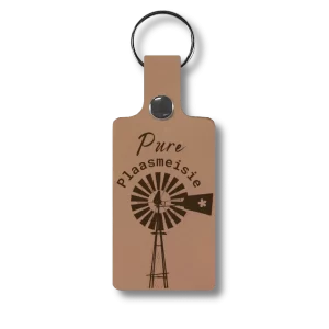Leather keyring engraved with an Afrikaans theme: Pure Plaasmeisie