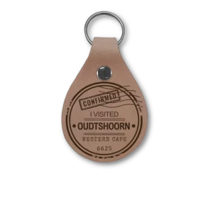 Leather keyring engraved with a South-African regional theme: I visited Oudtshoorn