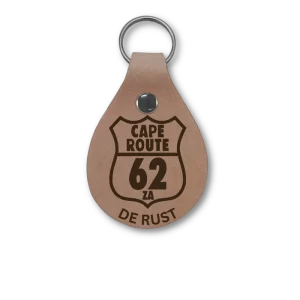 Leather keyring engraved with a South-African regional theme: Cape Route 62 De Rust
